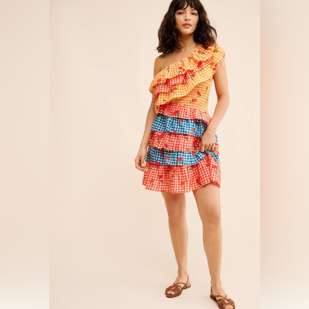 Anthropologie Farm Rio one shoulder cherry mini Colorful tiered Ruffle Dress - Picture 3 of 8
